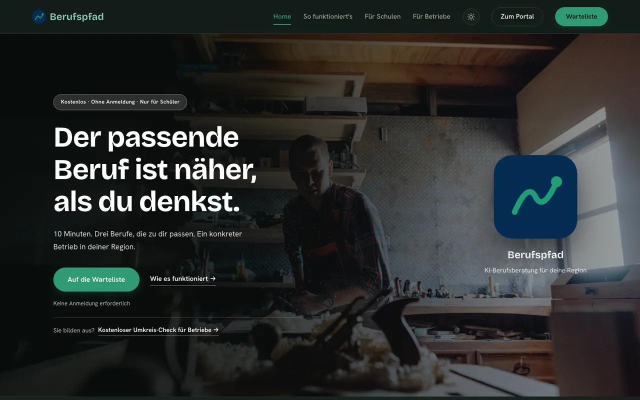 Startseite von Berufspfad mit der Überschrift Der passende Beruf ist näher, als du denkst