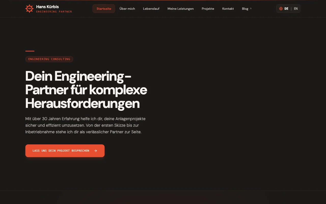 Startseite von Hans Kürbis Engineering Partner, dunkles Layout mit orangefarbenem Akzent